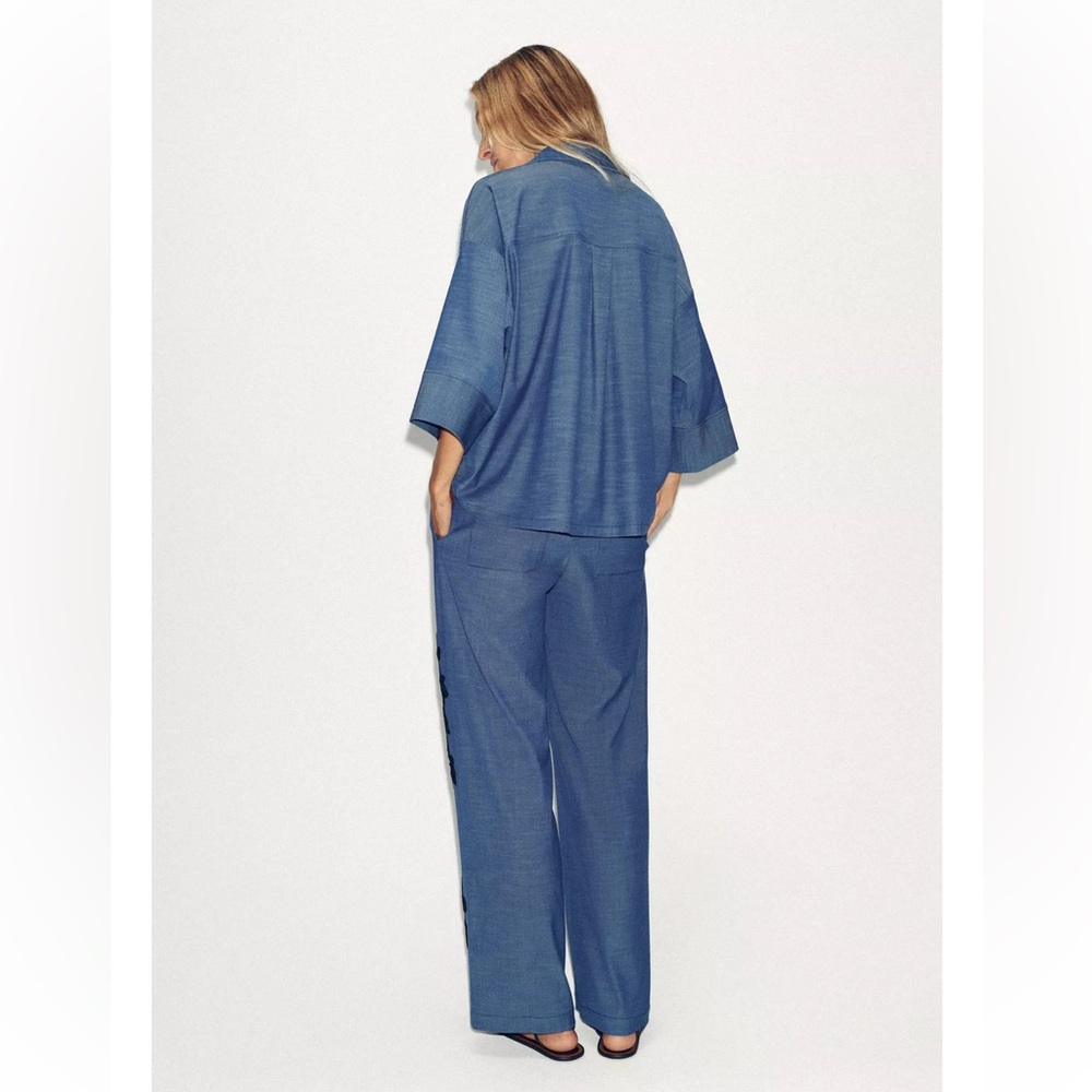 Zara 2 Piece Matching Set Floral Kimono Shirt & Wide Leg Pants Denim Blue NWT - Picture 3 of 13